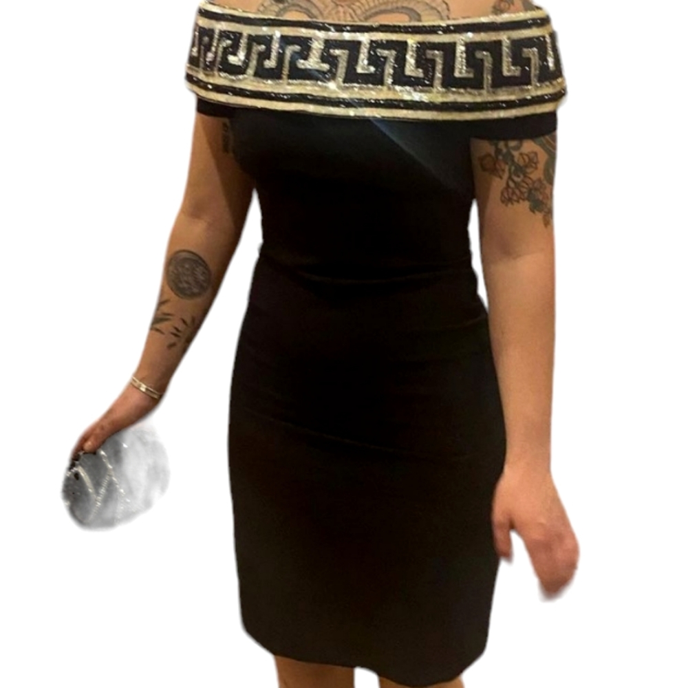 A.J. Bari Off Shoulder Black/Silver Sequin   Shortsleeve Crepe  Cocktail Dress